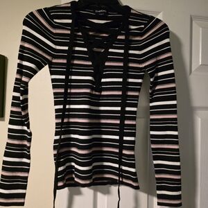 Bebe Striped Long Sleeve Top with Lace-Up Detail
